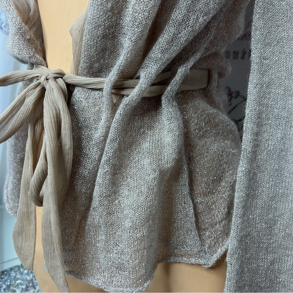 Nougat London sparkly cardigan tie up bow belt beige taupe glitter shimmer top - Picture 7 of 8